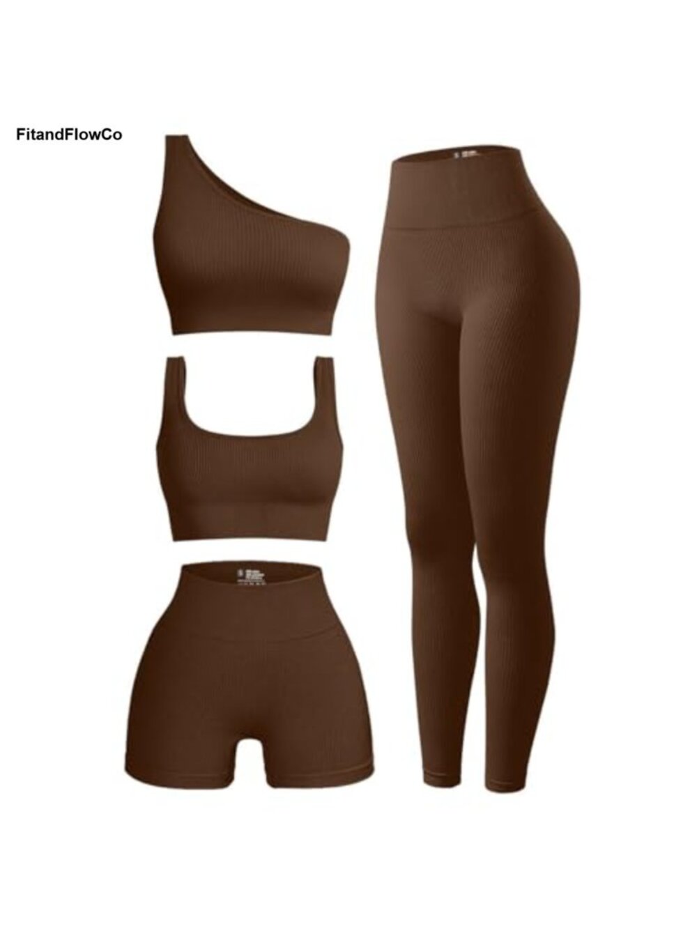 Ribbed Workout Set 4 Piece Scoop Neck One Shoulder Top Shorts Leggings